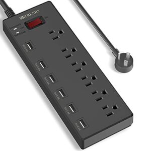 power strip, hitrends surge protector with 6 ac outlets & 6 usb charging ports, 6 feet heavy duty extension cord, 1625w/13a multiplug for home office & multiple usb devices - black