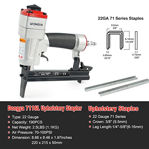 Dongya 7116L Pneumatic Upholstery Stapler with Long Nose, 22 Gauge 3/8'' Crown, 1/4''to 5/8'' 3/8'' Length Fine Wire Crown Stapler, Air Power Staple Gun for Furniture & Wood & Upholstering