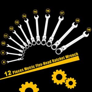 Yashong 12-Piece 8-19mm Metric Flex-Head Ratcheting Wrench Set, Professional Chrome Vanadium Steel Ratchet Wrenches, Combination Ended Spanner Kit with Portable Canvas Bag