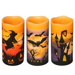 dromance halloween led flameless pillar candles battery operated with 6 hour timer set of 3 orange wax warm light flickering witch bats castle spooky decals halloween decor gifts(3 x 6 inch)