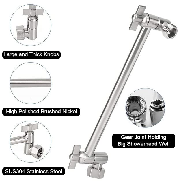 Adjustable Shower Arm Universal Connection, NearMoon Solid Brass Shower Extension Arm, Adjust Angle to Upgrade Shower Experience, Easy to Install, Anti-leak (Chrome Finish)