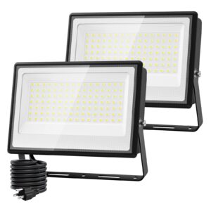 olafus 2 pack 100w led flood light outdoor, 9000lm led work light with plug, ip66 waterproof exterior security lights, 6500k daylight white outside floodlights for playground yard stadium lawn