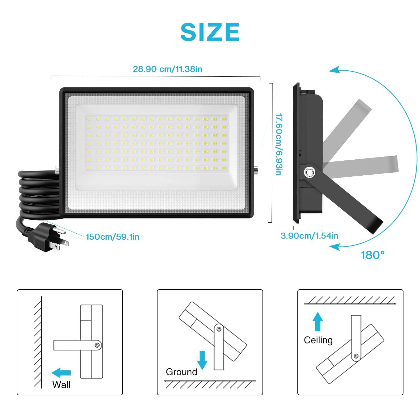 Olafus 2 Pack 100W LED Flood Light Outdoor, 9000lm LED Work Light with Plug, IP66 Waterproof Exterior Security Lights, 6500K Daylight White Outside Floodlights for Playground Yard Stadium Lawn