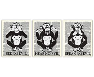3 wise monkeys dictionary wall art prints: unique room decor for boys, men, girls & women - set of three (8x10) unframed pictures - great gift idea