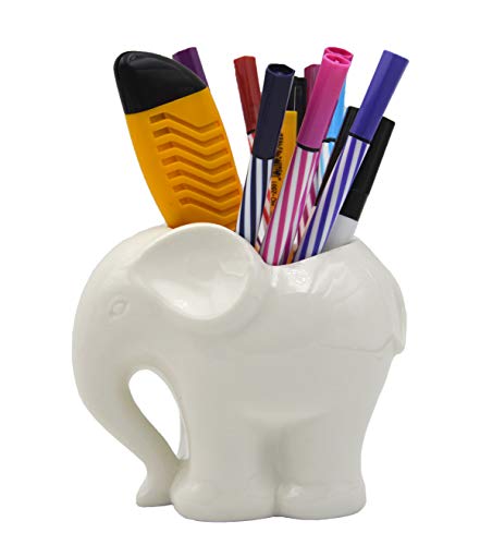 MONMOB 3.9" Ceramic Elephant Pencil Holder/Pen Holder/Plant Pot/Bonsai Pot/Flower Pot/Succulent Planter Elephant Gifts(White)