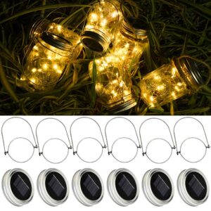 sunkite solar mason jar lid lights [updated], 6 pack 15 led waterproof fairy firefly jar string lights with hangers (no jars), patio yard garden wedding easter decoration - warm white