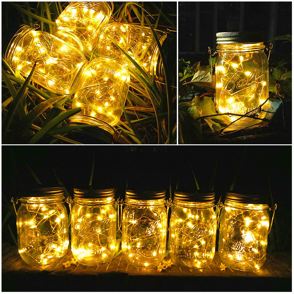 SunKite Solar Mason Jar Lid Lights [Updated], 6 Pack 15 LED Waterproof Fairy Firefly Jar String Lights with Hangers (NO Jars), Patio Yard Garden Wedding Easter Decoration - Warm White