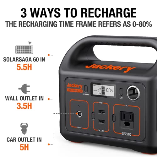 Jackery Portable Power Station Explorer 240, 240Wh Emergency Backup Lithium Battery, 110V/200W Pure Sinewave AC Outlet,Solar Generator for Outdoors Camping Travel Fishing Hunting (Renewed)