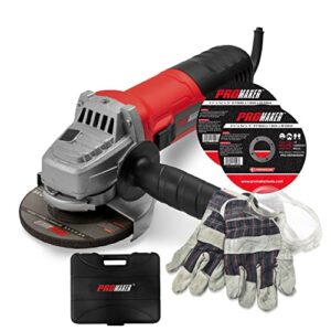 promaker angle grinder 6.5-amp 4-1/2 inch with protection googles, pair of gloves, two grinding wheels, box, power grinders tool with two (2) extra carbon brushes (115mm) 750w. pro-es750kit.