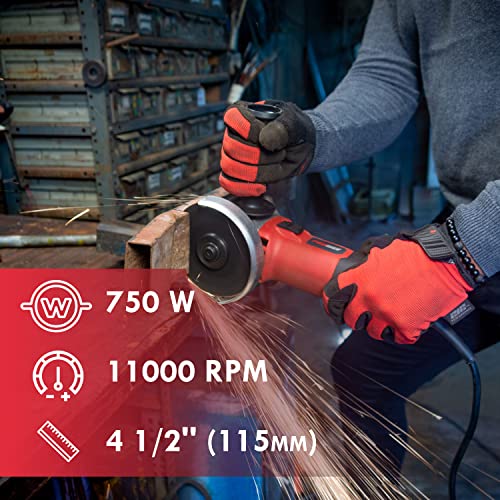 PROMAKER Angle Grinder 6.5-Amp 4-1/2 inch with Protection Googles, Pair of gloves, Two grinding Wheels, Box, Power Grinders tool with two (2) extra Carbon brushes (115mm) 750W. PRO-ES750KIT.