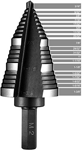 LICHAMP Double Fluted Step Drill Bit for Cutting Metal Hole 19 Sizes from 3/16 to 1-3/8 inch, Genuine High Speed Steel