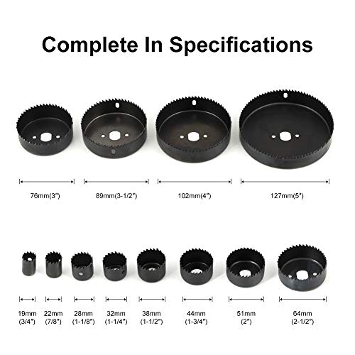 COMOWARE Hole Saw Kit for Wood- 16 Pieces 3/4’’-5’’ Full Set in Case with 1pcs Hex Key, 2pcs Mandrels and 1pcs Install Plate for PVC Board Plastic Plate Drilling Drywall and Soft Wood