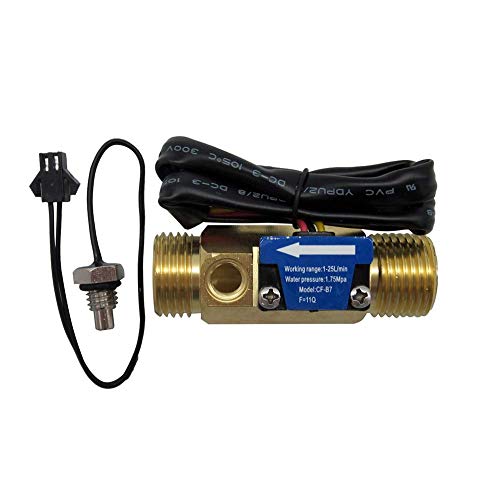 DIGITEN G1/2" Male Thread Brass Water Flow Sensor, Hall Effect Sensor Switch Flow Meter Flowmeter Counter with Temperature Sensor 1-25L/min