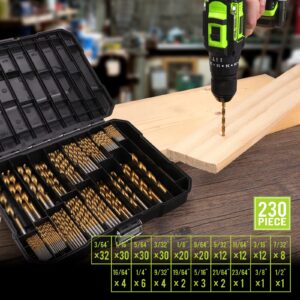 COMOWARE 230 Pcs Drill Bit Set for Wood & Metal - Titanium Wood Drill Bits, High Speed Steel Drill Bit Kit Titanium Coated for Wood, Metal, Plastic, Aluminum Alloy with Storage Case, 3/64"-1/2"