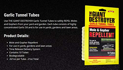 The Giant Destroyer Garlic Tunnel Tubes Repels Moles, Gophers, Skunks and Other Burrowing Rodents in Yards, Gardens & Lawn Areas, 10-12 Months, Highly Concentrated Garlic Oil (120 Tubes)