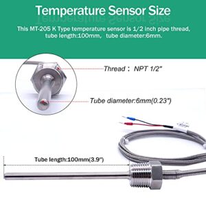 Twidec/2M NPT 1/2"inch (6X100MM) Pipe Thread Temperature Sensor Probe Two Wire Temperature Controller (0~600℃) 304 Stainless Steel K Type Thermocouple MT-205-1/2