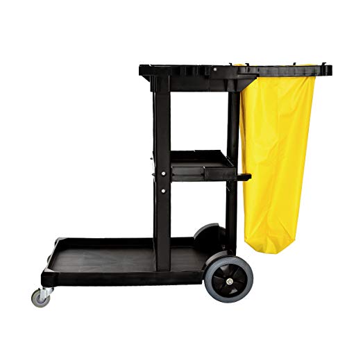 Alpine Housekeeping Cart - Tradiotional Janitorial Cleaning Cart - 3 Large Shelves - Commercial Rolling Janitor Caddy with Vinyl Bag - Custodial Utility Carts (Traditional Cart)