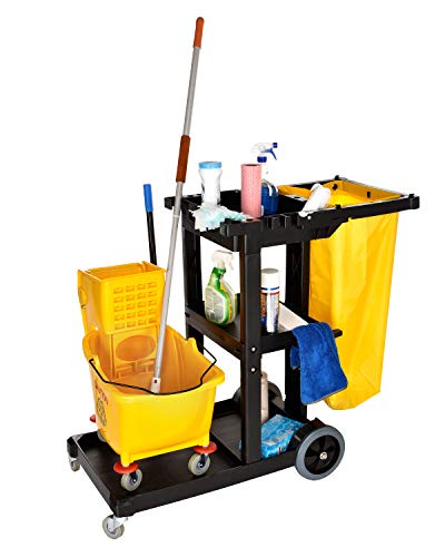 Alpine Housekeeping Cart - Tradiotional Janitorial Cleaning Cart - 3 Large Shelves - Commercial Rolling Janitor Caddy with Vinyl Bag - Custodial Utility Carts (Traditional Cart)