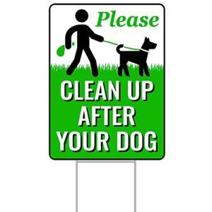 signs authority clean up after your dog signs 12"x9" with metal h-stake | no poop signs for lawn no pooping dog signs for yard | pick up after your dog sign with stake | clean after your dog sign