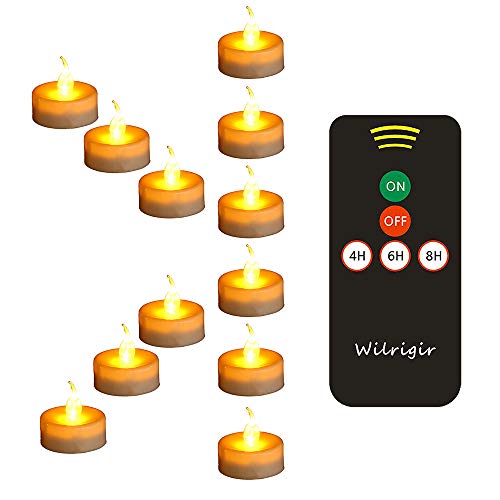 Wilrigir LED Remote Tea Lights with Timer,Electric Fake Candles,Flickring Amber Flameless Votive Lights,Tealight Candles for Wedding and Home Decoration,Pack of 12