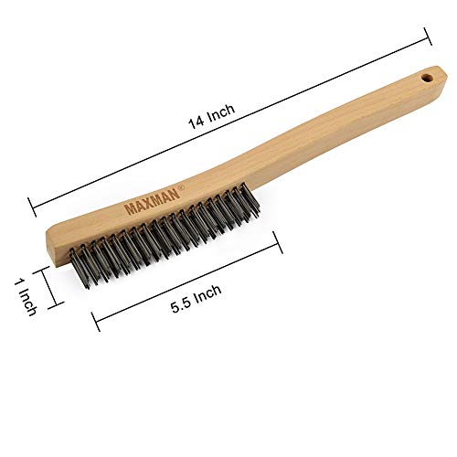 Wire Brush Set,Heavy Duty Carbon Steel and Stainless Steel Wire Scratch Brush for Cleaning Rust with 14" Long Curved Beechwood Handle,2 Pieces,Large