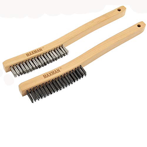 Wire Brush Set,Heavy Duty Carbon Steel and Stainless Steel Wire Scratch Brush for Cleaning Rust with 14" Long Curved Beechwood Handle,2 Pieces,Large