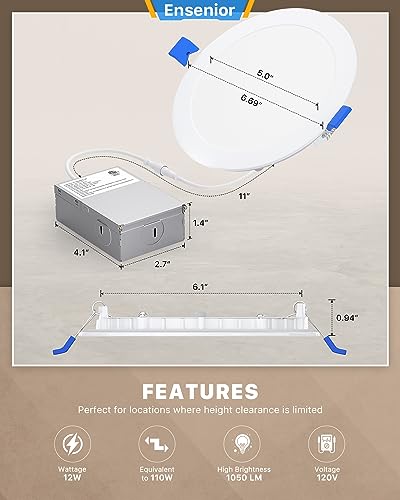 Ensenior 12 Pack 6 Inch Ultra-Thin LED Recessed Ceiling Light with Junction Box, 5000K Daylight, 12W 110W Eqv, Dimmable Can-Killer Downlight, 1050LM High Brightness - ETL and Energy Star Certified