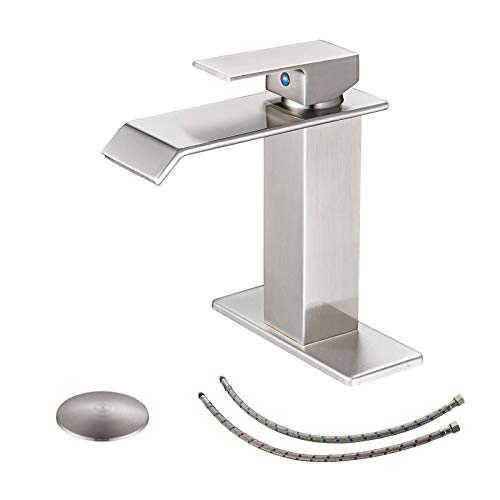 BWE Waterfall Bathroom Faucet Brushed Nickel with Pop Up Drain Stopper Overflow Assembly and Supply Hose Single Handle for Sink 1 Hole Bathroom Sink Faucet Parts Spout Bath Lavatory Vanity