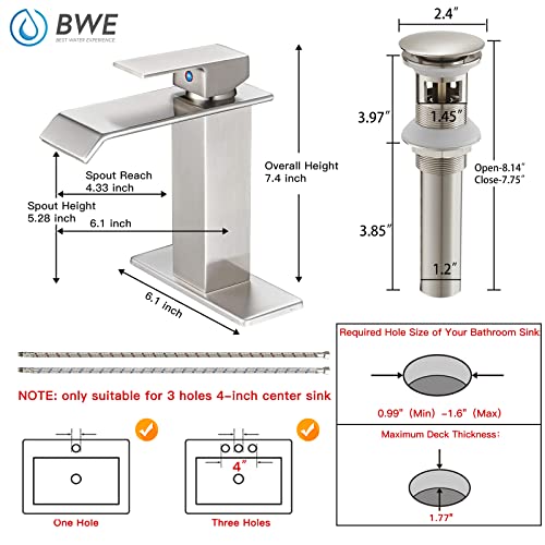 BWE Waterfall Bathroom Faucet Brushed Nickel with Pop Up Drain Stopper Overflow Assembly and Supply Hose Single Handle for Sink 1 Hole Bathroom Sink Faucet Parts Spout Bath Lavatory Vanity