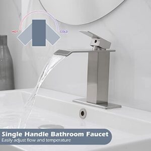 BWE Waterfall Bathroom Faucet Brushed Nickel with Pop Up Drain Stopper Overflow Assembly and Supply Hose Single Handle for Sink 1 Hole Bathroom Sink Faucet Parts Spout Bath Lavatory Vanity