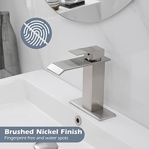 BWE Waterfall Bathroom Faucet Brushed Nickel with Pop Up Drain Stopper Overflow Assembly and Supply Hose Single Handle for Sink 1 Hole Bathroom Sink Faucet Parts Spout Bath Lavatory Vanity