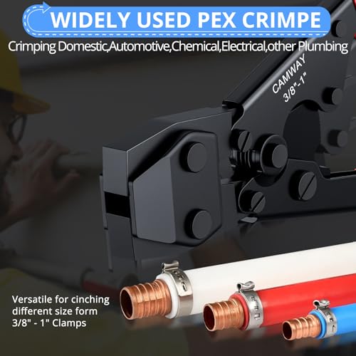 CAMWAY PEX Crimping Cinch Tool & PEX Cutter with 50PCS Ear Hose Clamps 1/2" 3/4" for Fastening Stainless Pipe Clamps from 3/8-Inch to 1-Inch