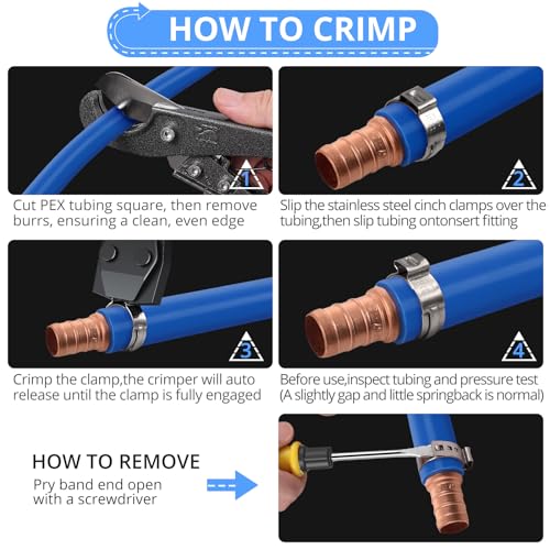 CAMWAY PEX Crimping Cinch Tool & PEX Cutter with 50PCS Ear Hose Clamps 1/2" 3/4" for Fastening Stainless Pipe Clamps from 3/8-Inch to 1-Inch