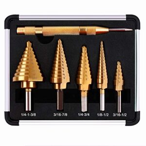 yangoutool 5pcs titanium step drill bit set with automatic center punch,multiple hole 50 sizes stepped up bits,high speed steel drill bits with aluminum case