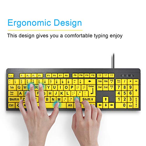 BOOGIIO Large Print Computer Keyboard, Wired USB High Contrast Keyboard with Oversized Print Letters for Visually Impaired Low Vision Individuals (Yellow+Black)