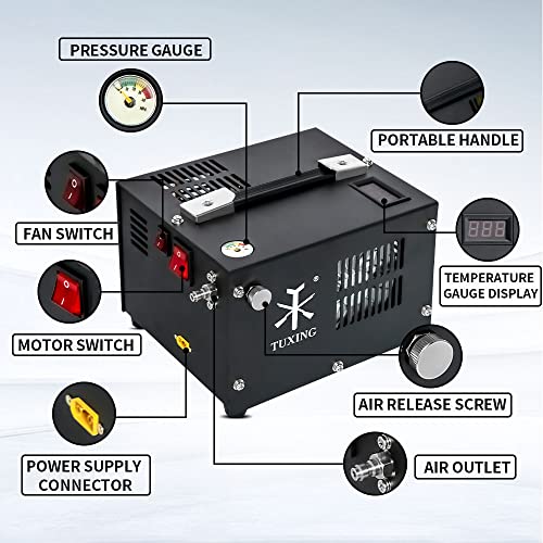 TUXING Pcp Air Compressor,4500Psi 30Mpa 300Bar,Oil/Water-Free,Powered by Car 12V DC or Home 110V AC with Converter (Included),Pump for PCP Air Rifles and Airguns (TXES061)