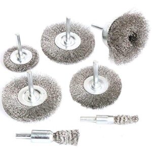 fppo stainless steel wire wheel brush & crimped cup brush kit for drill,fine wire diameter 0.0059 inch,for rotary tool with 1/4-inch shank,removal of rust,deburring,paint (7pcs)