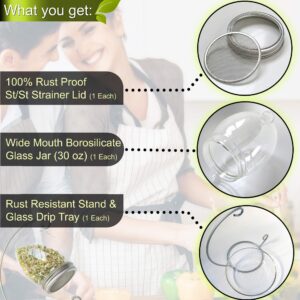 Premium Sprouting Jar Kit - Unique 30 oz Wide Mouth Sprouting Jar, Stand, Tray and 316 Stainless Screen Lid | Decorative Indoor Seed Sprouter and Germinator (1 Kit)