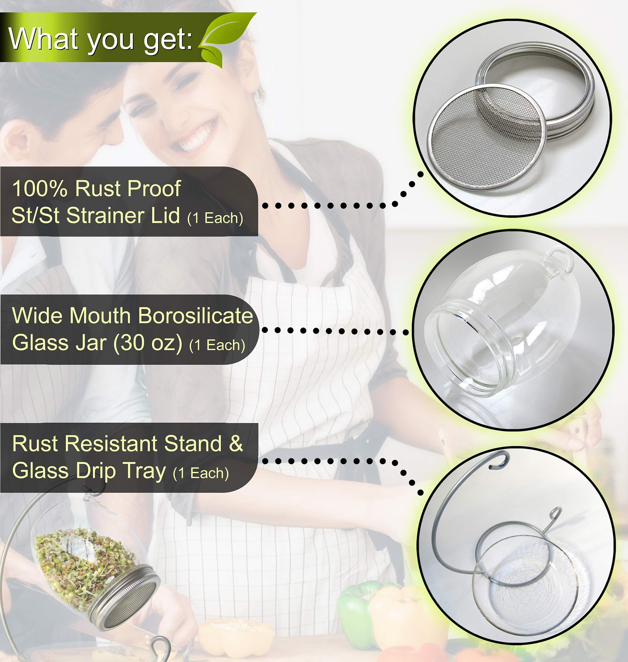 Premium Sprouting Jar Kit - Unique 30 oz Wide Mouth Sprouting Jar, Stand, Tray and 316 Stainless Screen Lid | Decorative Indoor Seed Sprouter and Germinator (1 Kit)