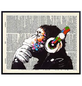 banksy dj chimp - unframed dictionary wall art print - makes a great gift for home decor, living room, bedroom - ready to frame (8x10) vintage photo