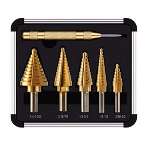 knoweasy step drill kit - 5pcs hss titanium step drill with automatic center punch and 50 sizes of high-speed steel step drills for multiple hole drilling