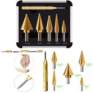 Knoweasy Step Drill Kit - 5PCS HSS Titanium Step Drill with Automatic Center Punch and 50 Sizes of High-Speed Steel Step Drills for Multiple Hole Drilling