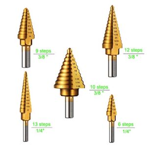 Knoweasy Step Drill Kit - 5PCS HSS Titanium Step Drill with Automatic Center Punch and 50 Sizes of High-Speed Steel Step Drills for Multiple Hole Drilling