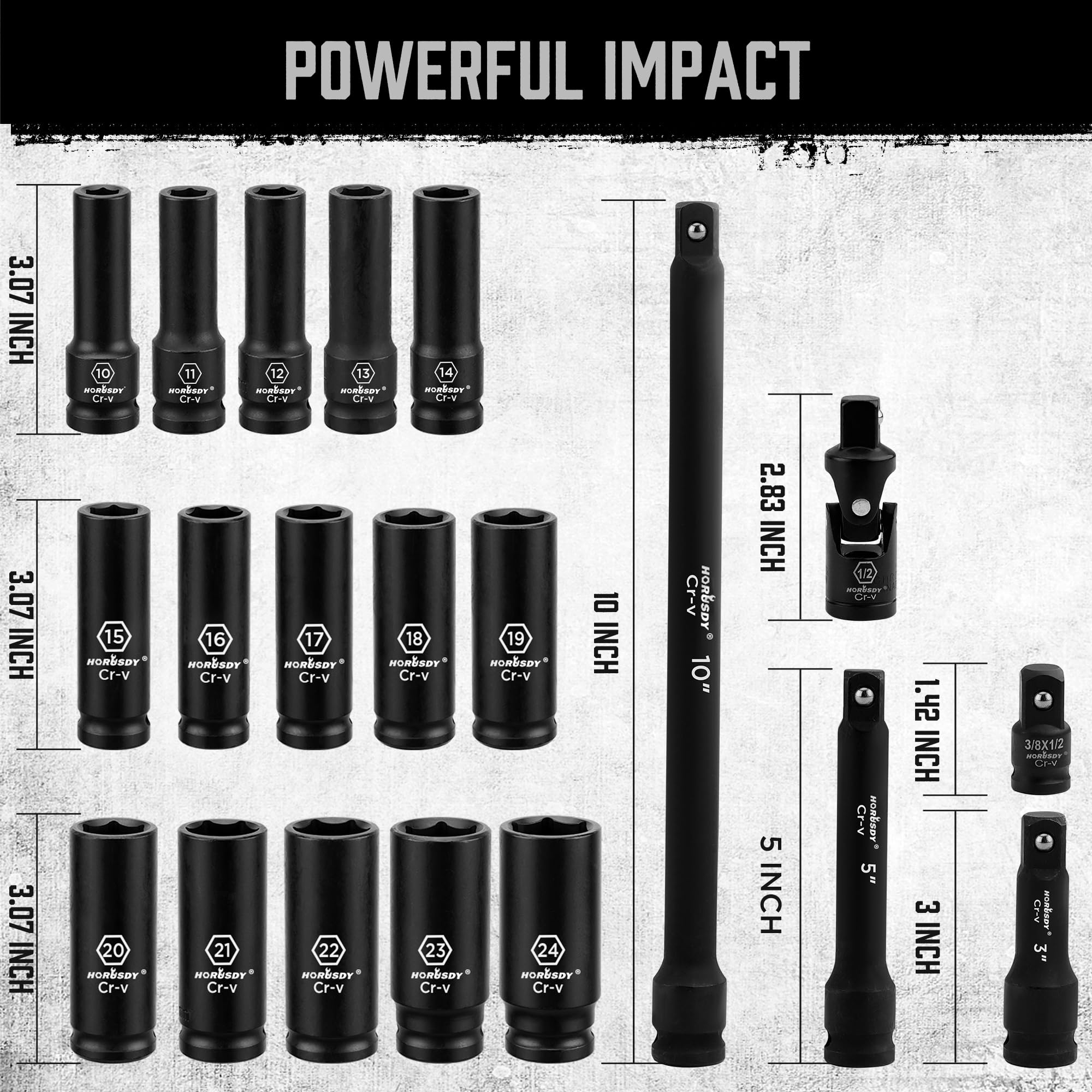 HORUSDY 20-Piece 1/2 Impact Socket Set | Metric (10mm - 24mm) | 6 Point Impact Socket Set 1/2 Drive with Case | Cr-V Steel | 3", 5", and 10" Impact Extension Bars