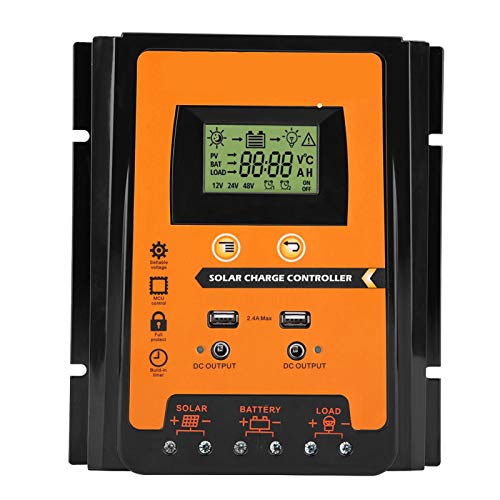 Fydun MPPT Solar Charge Controller 12V/24V Solar Panel Battery Regulator Dual USB LCD Display Panel Regulator Current 30A 50A 70A Black + Orange (70A)