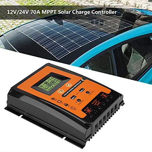 Fydun MPPT Solar Charge Controller 12V/24V Solar Panel Battery Regulator Dual USB LCD Display Panel Regulator Current 30A 50A 70A Black + Orange (70A)