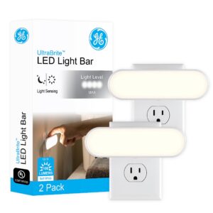 ge ultrabrite led light bar, 100 lumens, 2 pack, plug-in, dusk-to-dawn sensor, auto/on/off switch, home décor, ideal for bedroom, bathroom, garage, kitchen, hallway, white, 46707