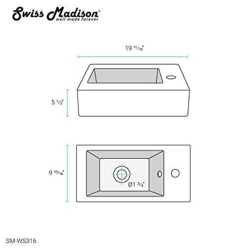 Swiss Madison Well Made Forever SM-WS316 Voltaire Wall Hung Sink, Glossy White