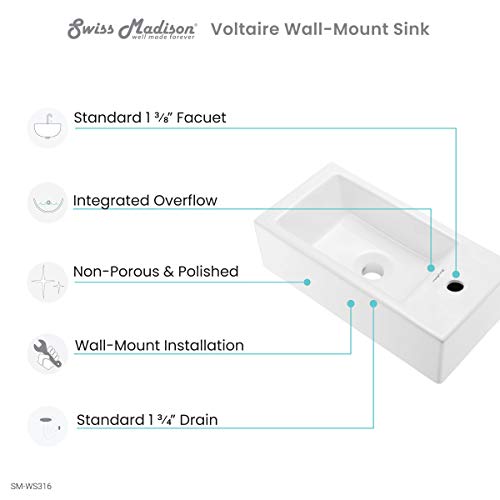 Swiss Madison Well Made Forever SM-WS316 Voltaire Wall Hung Sink, Glossy White
