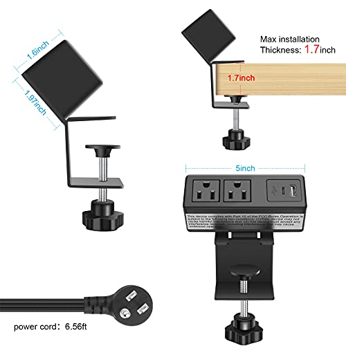 Desk Edge Power Strip with 1 USB 1 USB-C 20W PD Faset Charging Port Removable Clamp Power Outlet Socket 6.5 ft Extension Cord Connect 2 Plugs for Home Office Reading